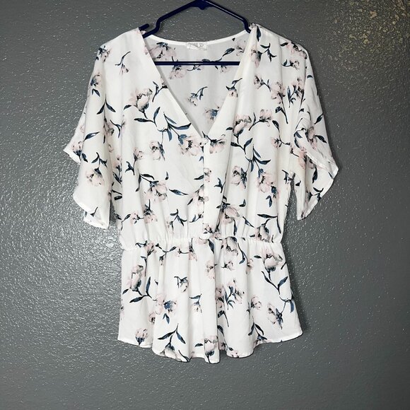 Sienna Sky Floral Peplum Blouse Large White Pink V-Neck Short Sleeve - Picture 1 of 3